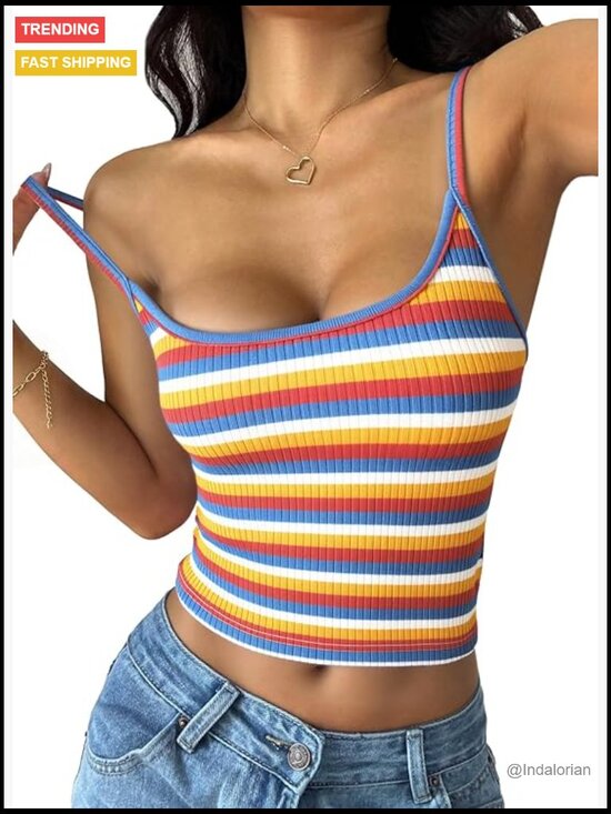Tops - Polyester Blend Knit Spaghetti Strap Crop Tank Top Slim Fit